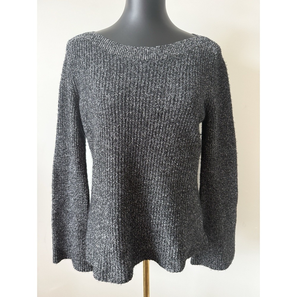 Ann Taylor Women's L Marled Black White Sweater Wool Cotton Blend Bell Sleeve